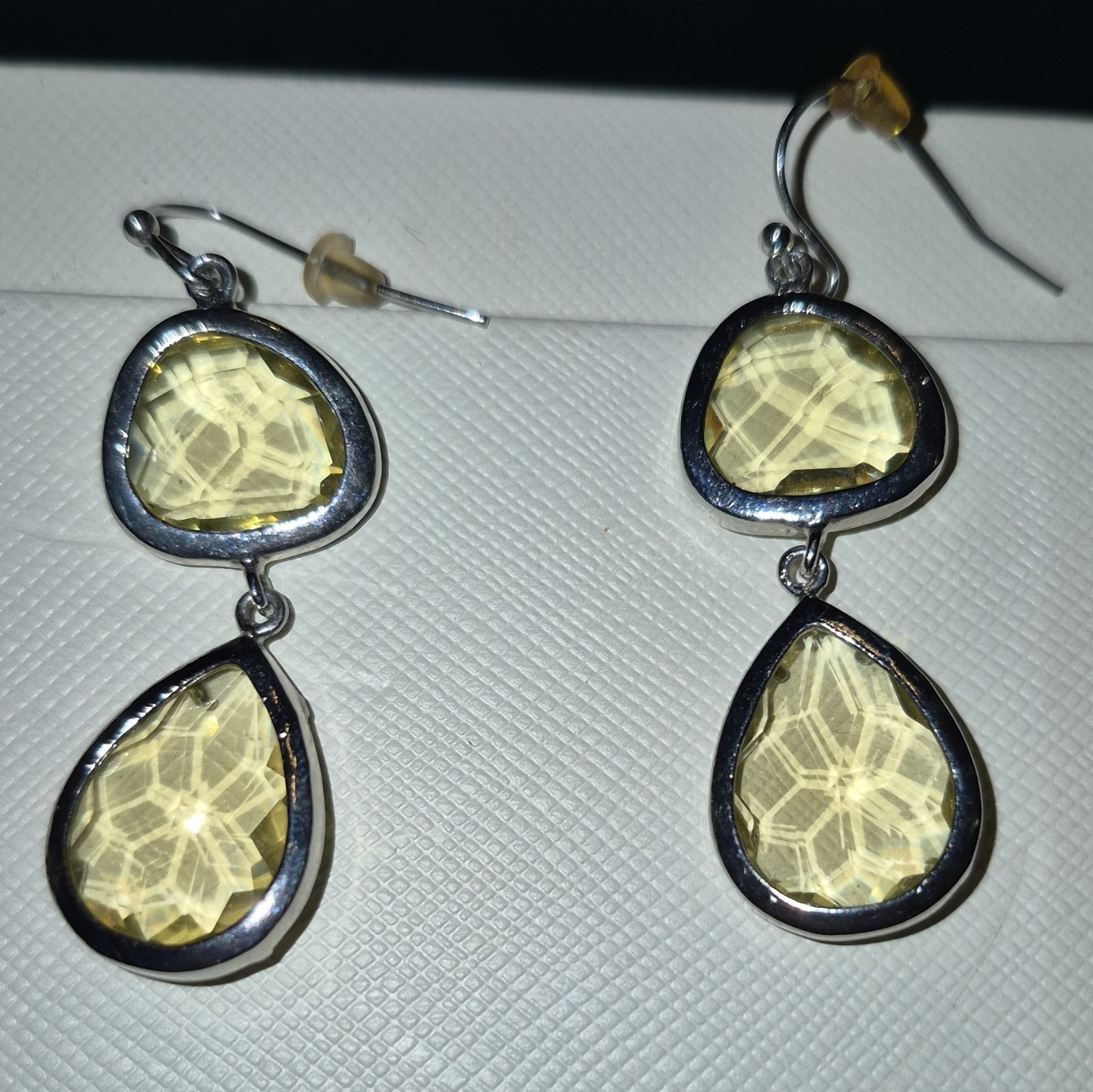 Silver Tone Double Drop Dangle Hook Earrings w/ Yellow Teardrop Crystals