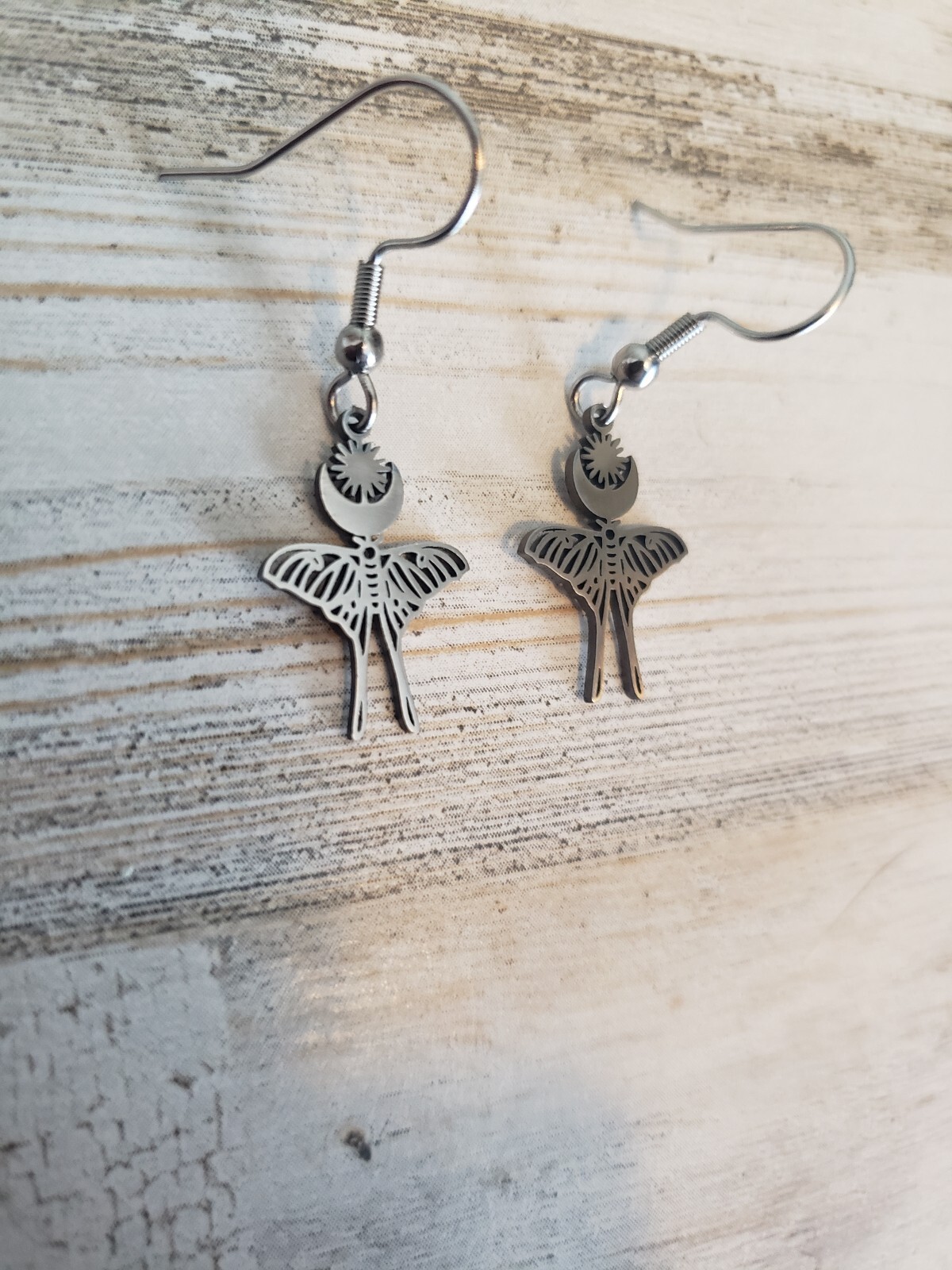 Luna moth earrings mini little lil jewelry pretty cute boho hippie crescent moon