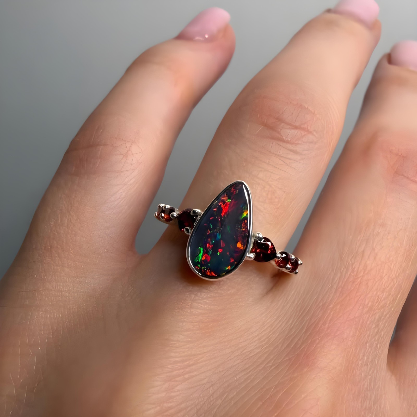 Natural Black Opal Pear Ring 925 Sterling Silver Welo Multi Fire Opal Jewelry
