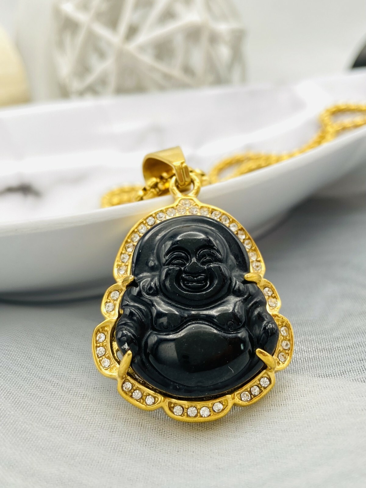 Jade Buddha Pendant Necklace W/ 18K Gold Plated Crystal Charm Hip Hop Chain