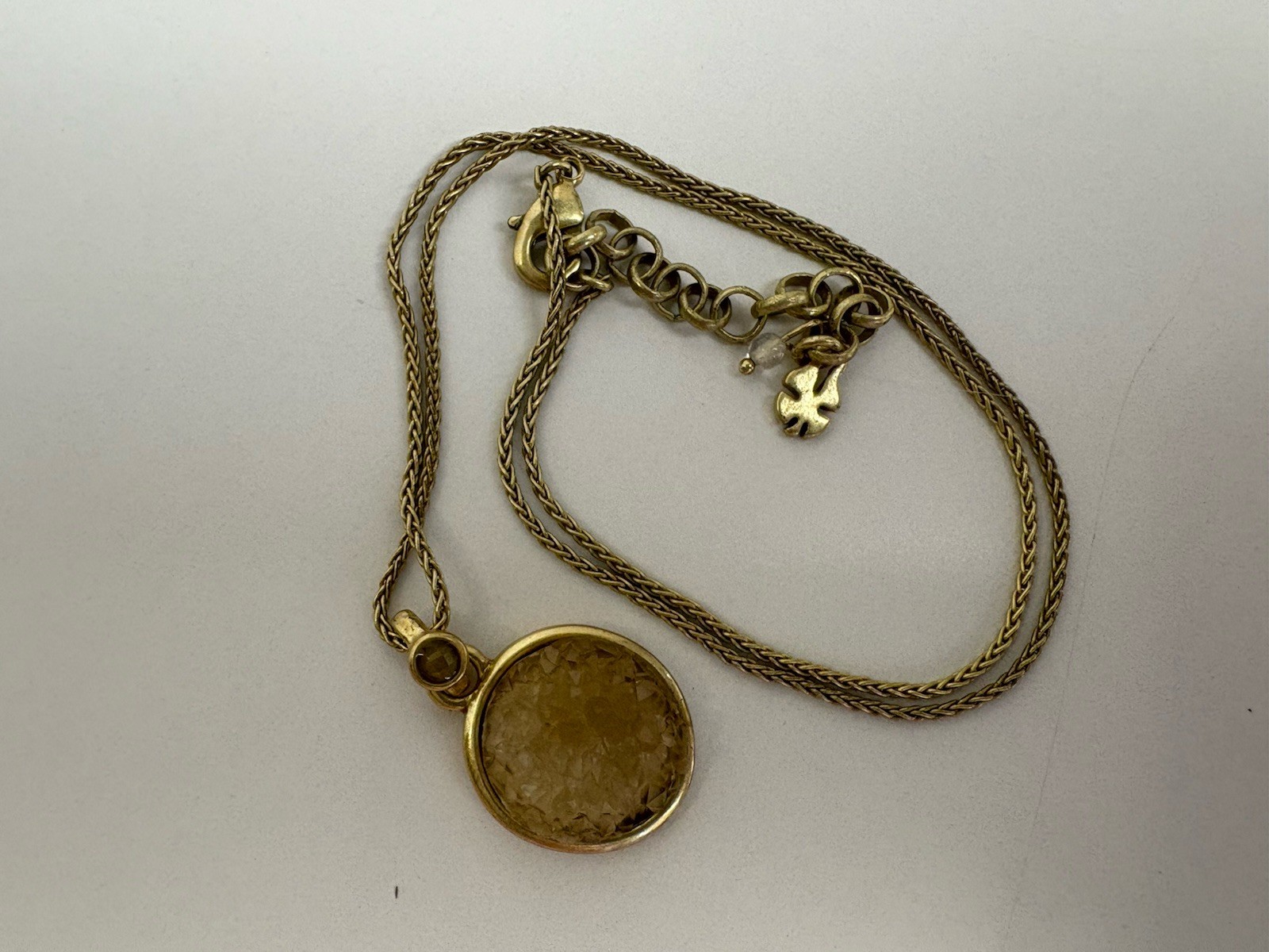 Lucky Brand Necklace 18” Gold Tone Drusy Quartz Disk Wheat Link Chain Extender