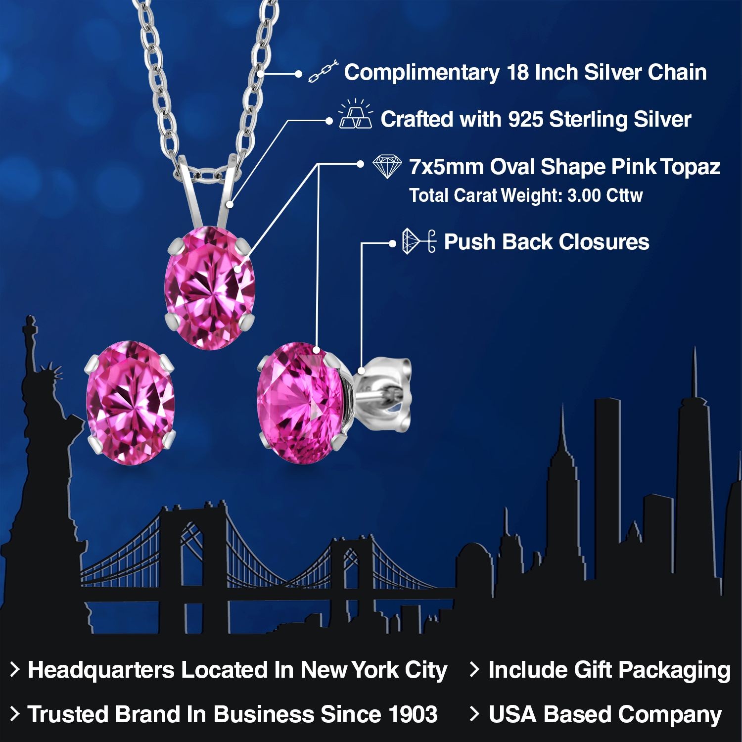 3.00 Cttw Pink Topaz Earrings Pendant Set for Women | 925 Sterling Silver |
