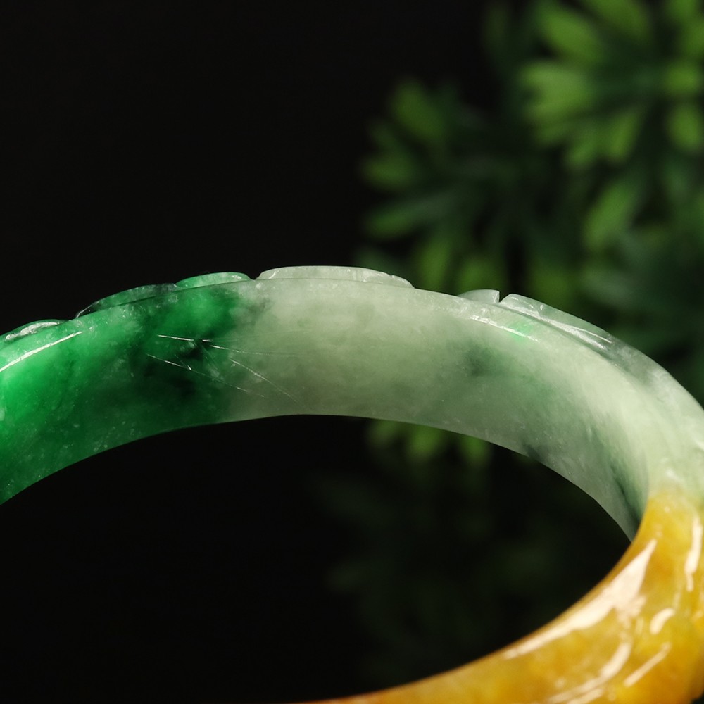 65mm White Brown Green Burma Jadeite Jade Bangle Bracelet Ruyi Fish Bat A-14861