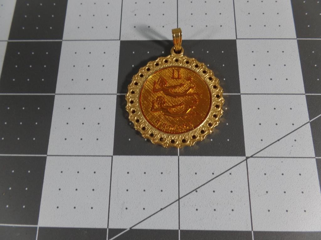 Vintage Gemini Zodiac Pendant Gold Tone Round Lace Edge Medallion Charm