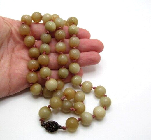 Vintage Yellow Green Jade 11.5mm Stone Pink Cord Knotted Bead Necklace 26 In
