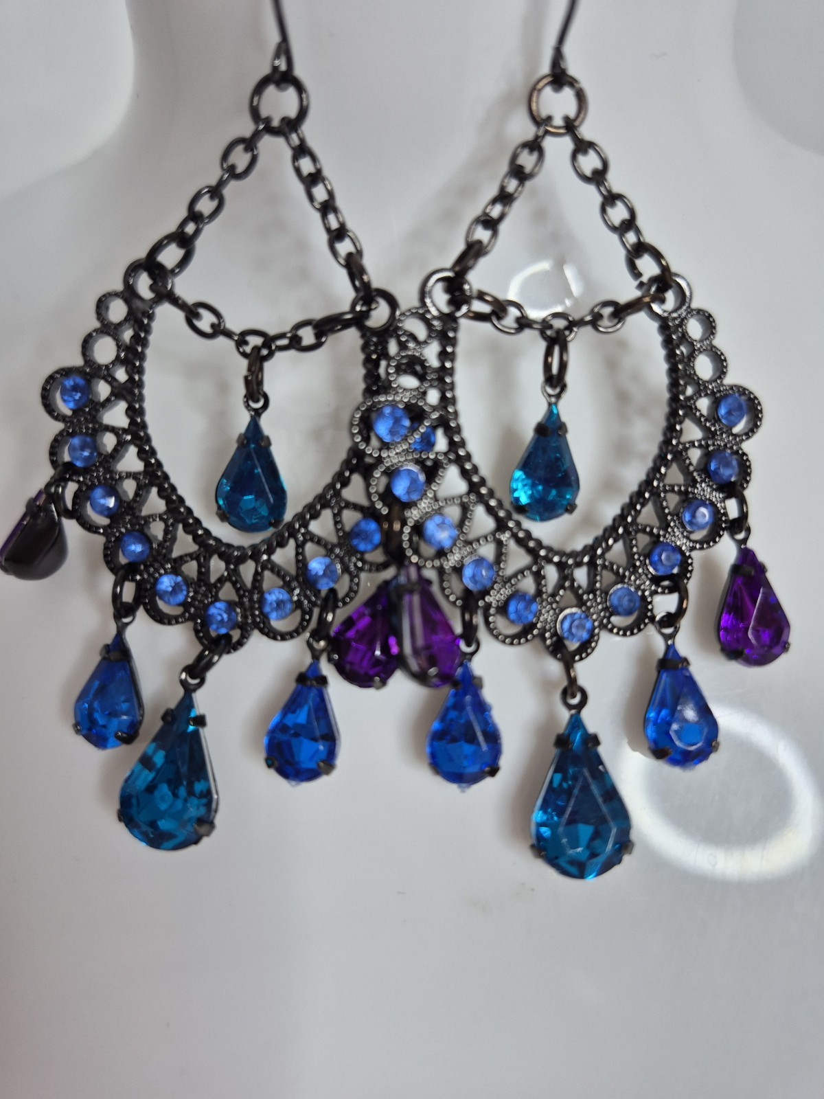Black Metal Dangle Earrings With Blue Purple Rhinestone 2.25″