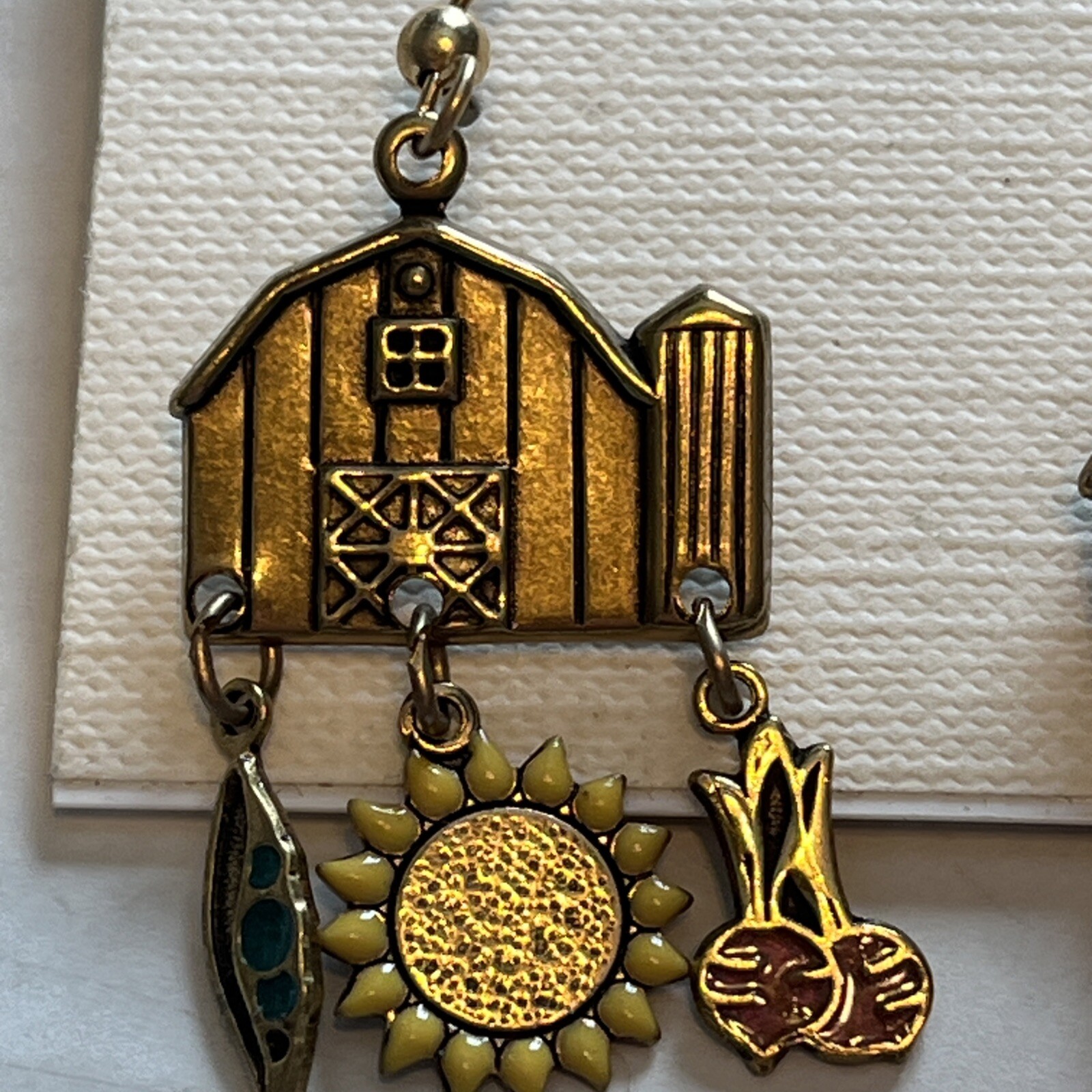 Unique 1/20 14k GF Barn Charm Earrings With Pea, Sunflower & Beet Charms 1.875”