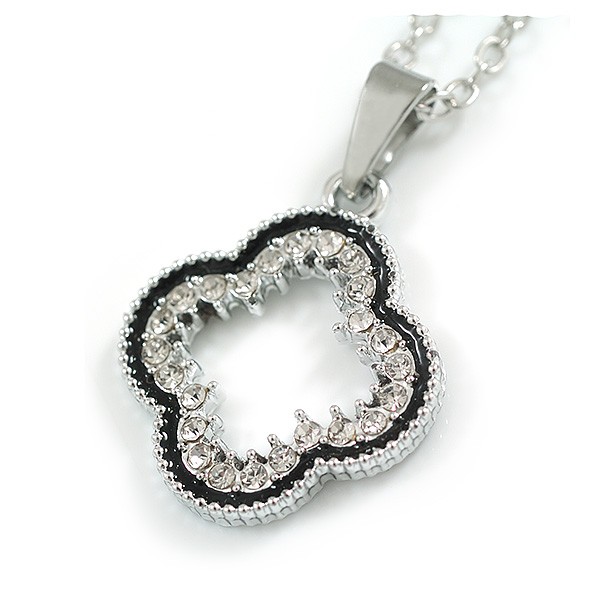 Small Crystal Open Clover Pendant with Silver Tone Chain – 42cm L/ 5cm Ext