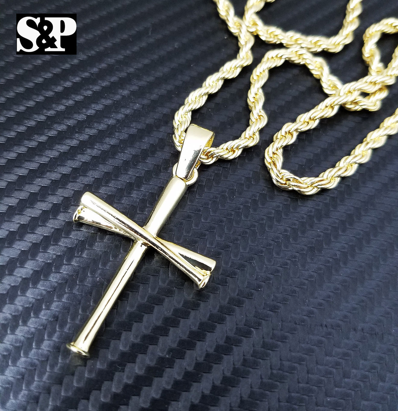 Unisex Fashion Baseball Team Triple Bat Cross Pendant w/ 24″ Rope Chain Necklace