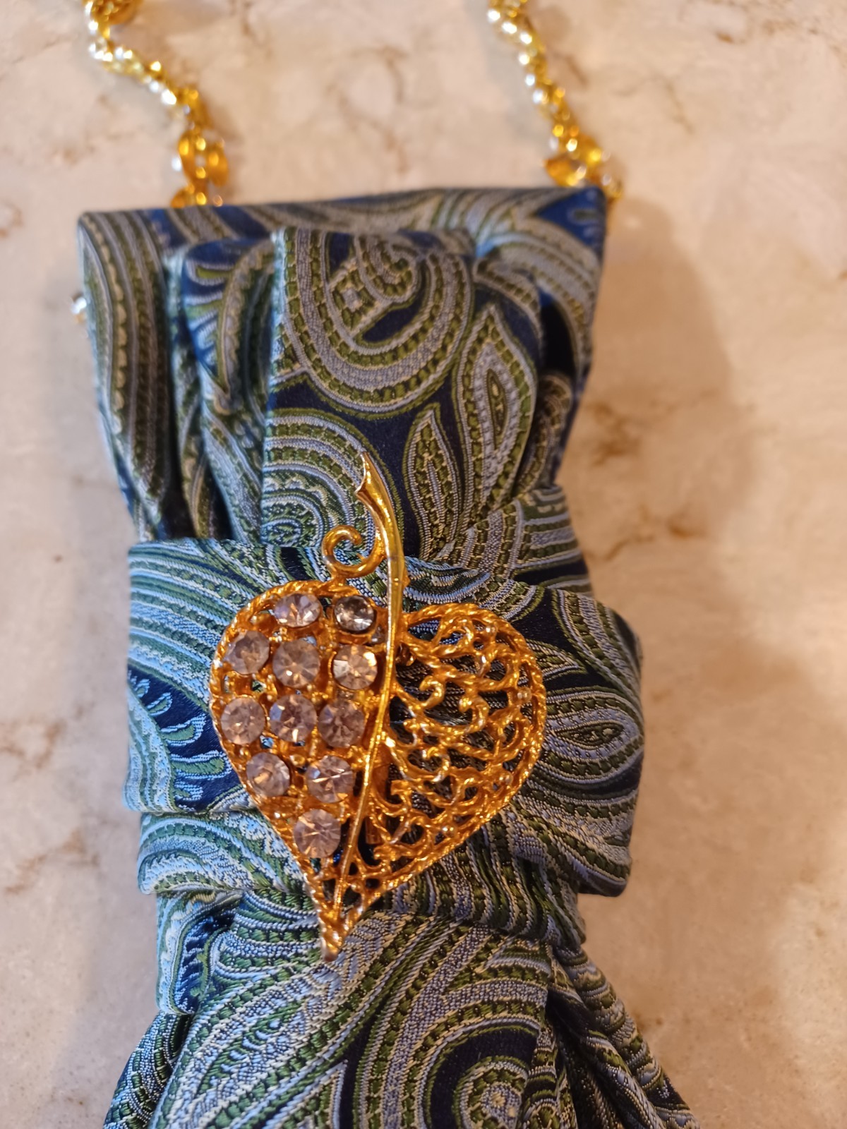 Handcrafted Necktie Necklace Golden Diamond Rhinestone Leaf Brooch