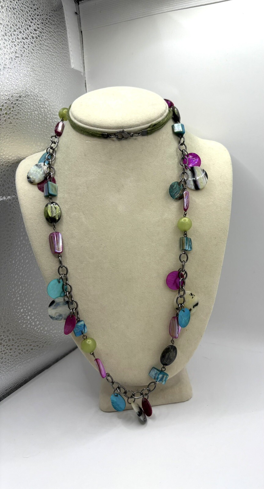 Colorful Multicolored MOP And Acrylic Beaded Necklace Gun Metal Gray & Leather