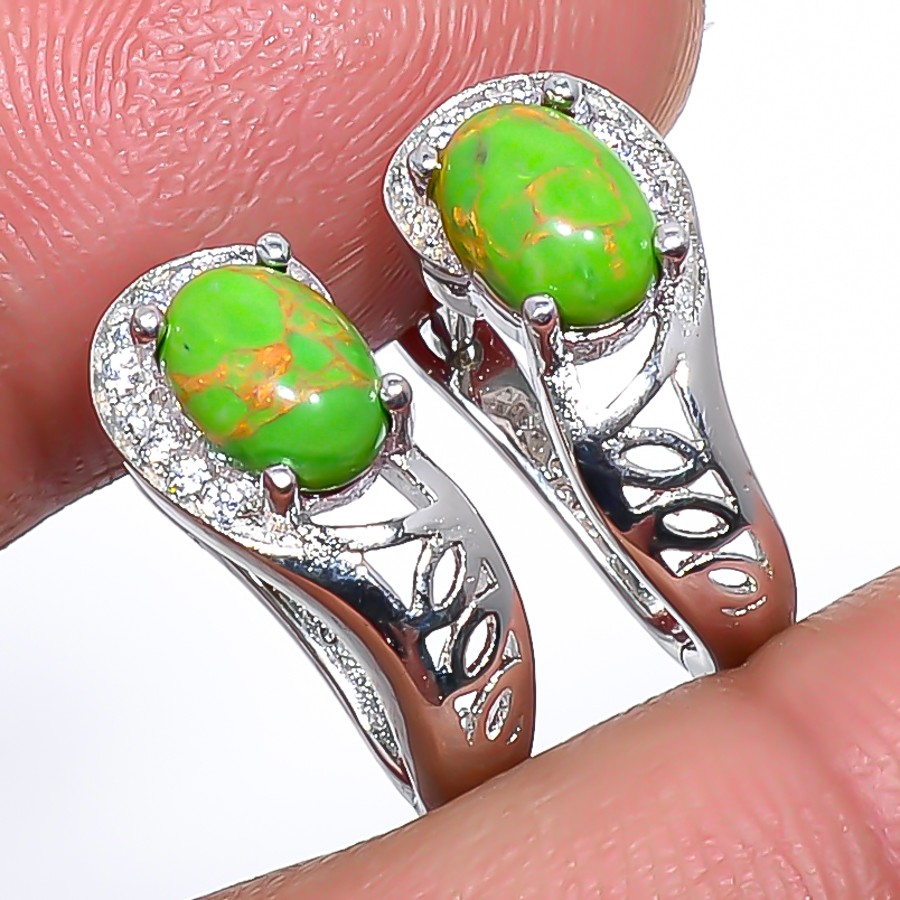Green Copper Turquoise & CZ 925 Sterling Silver Earring 0.59″ T271