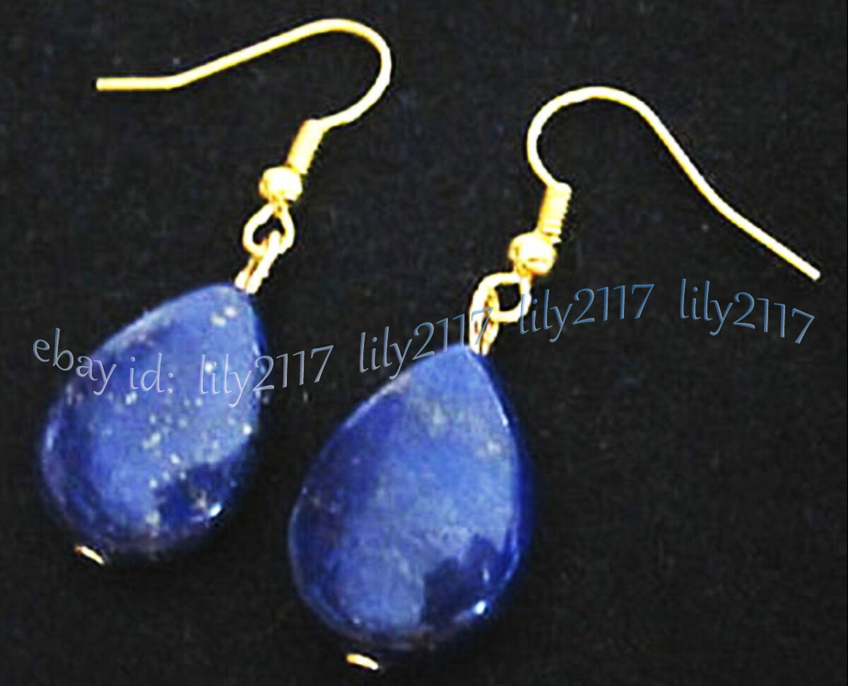 Handmade Natural 13X18mm Blue Lapis Lazuli Gemstone Gold Hook Dangle Earrings