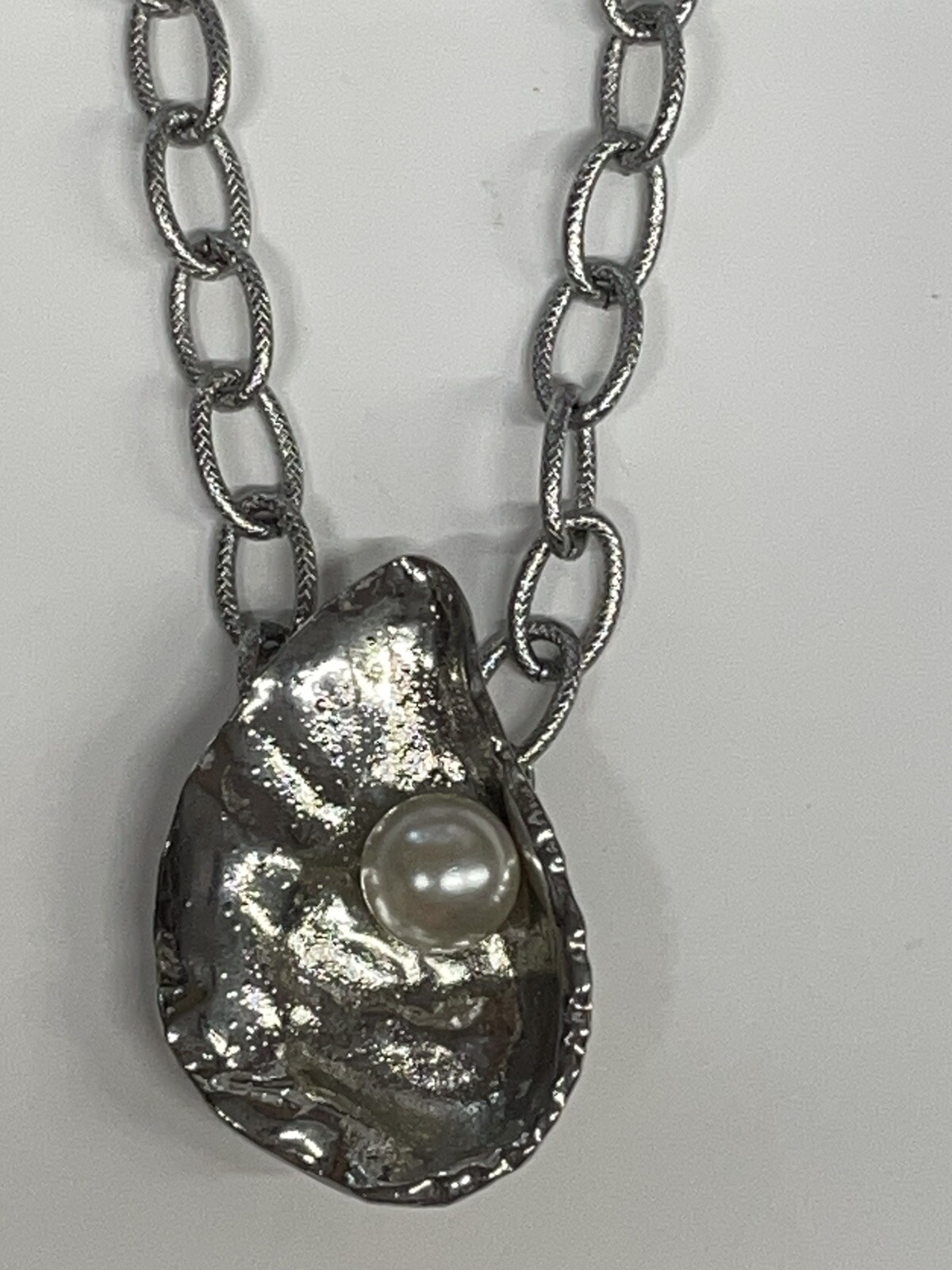 Oyster Shell Pearl Silver Necklace 18″ Stainless Brushed Link Chain Coastal NEW