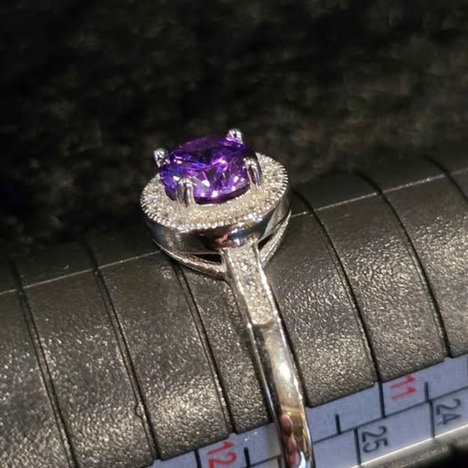 Purple Moissanite Halo Ring in .925 sterling silver. Sz 11.5