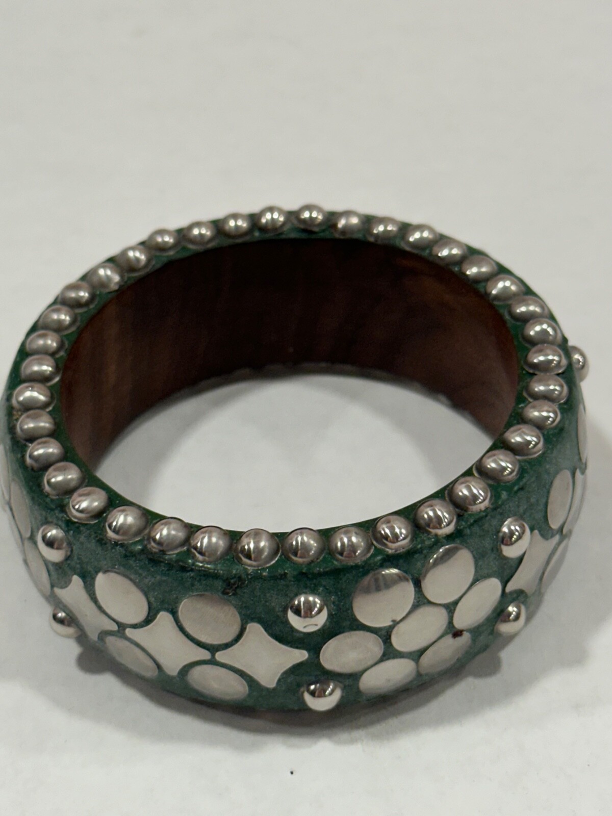 Antika Bangle Bracelet Green And Silver Tone Over Wood 1.5” Wide And 9″ Round