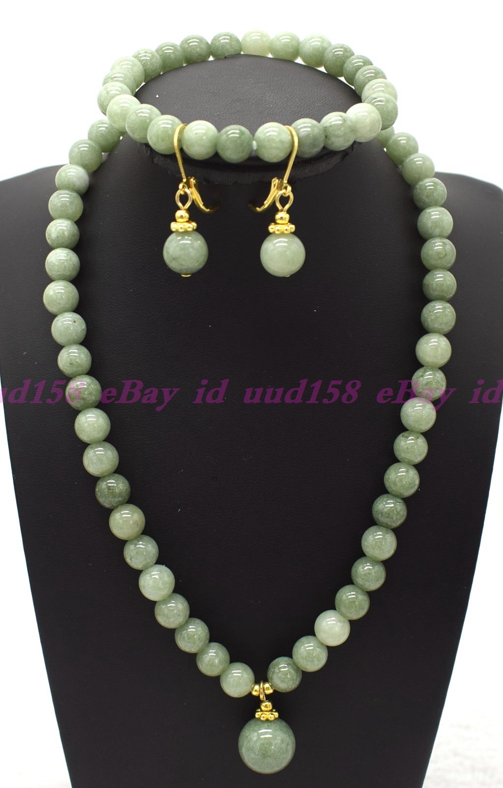 Natural 6/8/10mm A Green Jade Round Gemstone Beads Necklace Earrings Set AAA 18″