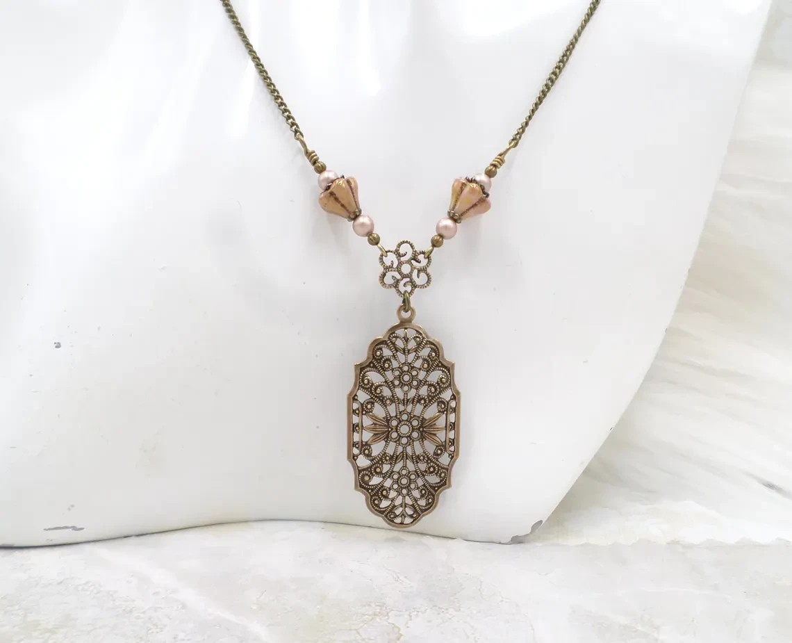 Victorian Style Brass Filigree Blush Pink Flower & Pearl Necklace Set