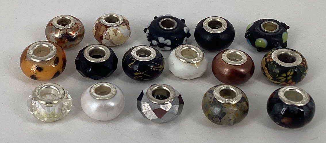 Lot 16 Ceramic Glass Plastic Beads Charm Charms Stamped 925 Sterling Silver Rims