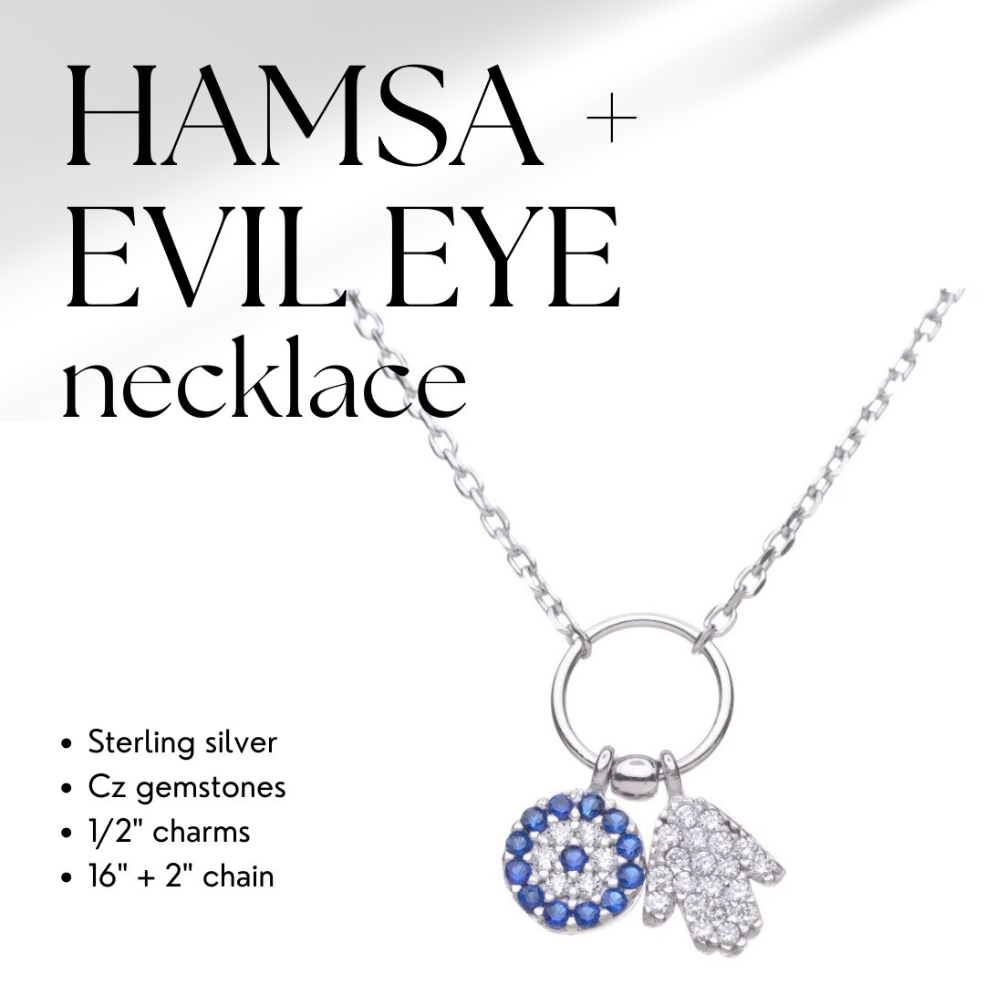 Hamsa Evil Eye Protection Necklace 925 Sterling Silver CZ Double Charm