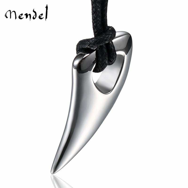 MENDEL Cool Mens Wolf Teeth Tooth Necklace Pendant Stainless Steel Rope Silver
