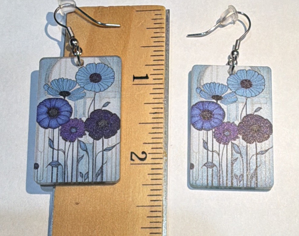 Blue/Purple Wood Rectangle Dangle/Drop Hook Earrings, Flower, 2 in