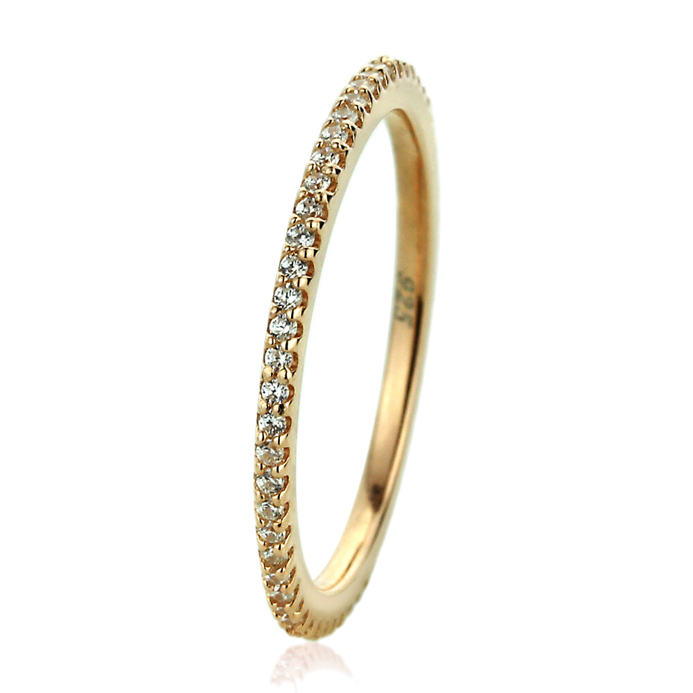 1.5mm 14K Yellow Gold Plated Sterling Silver CZ Pave Setting Eternity Band Ring