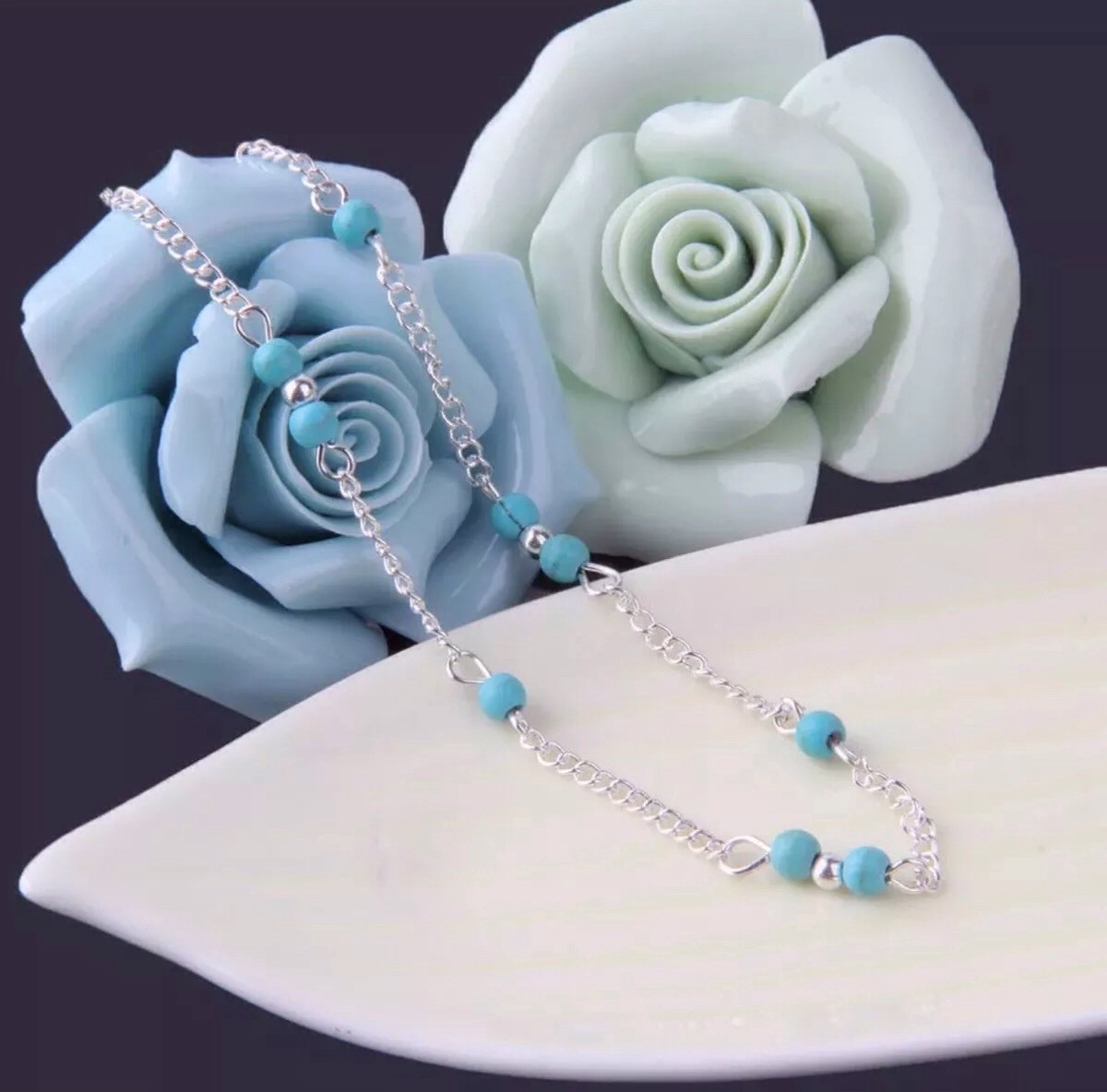 Women’s Fashion Jewelry 925 Silver Plated Turquoise Blue Anklet Bracelet 17-2