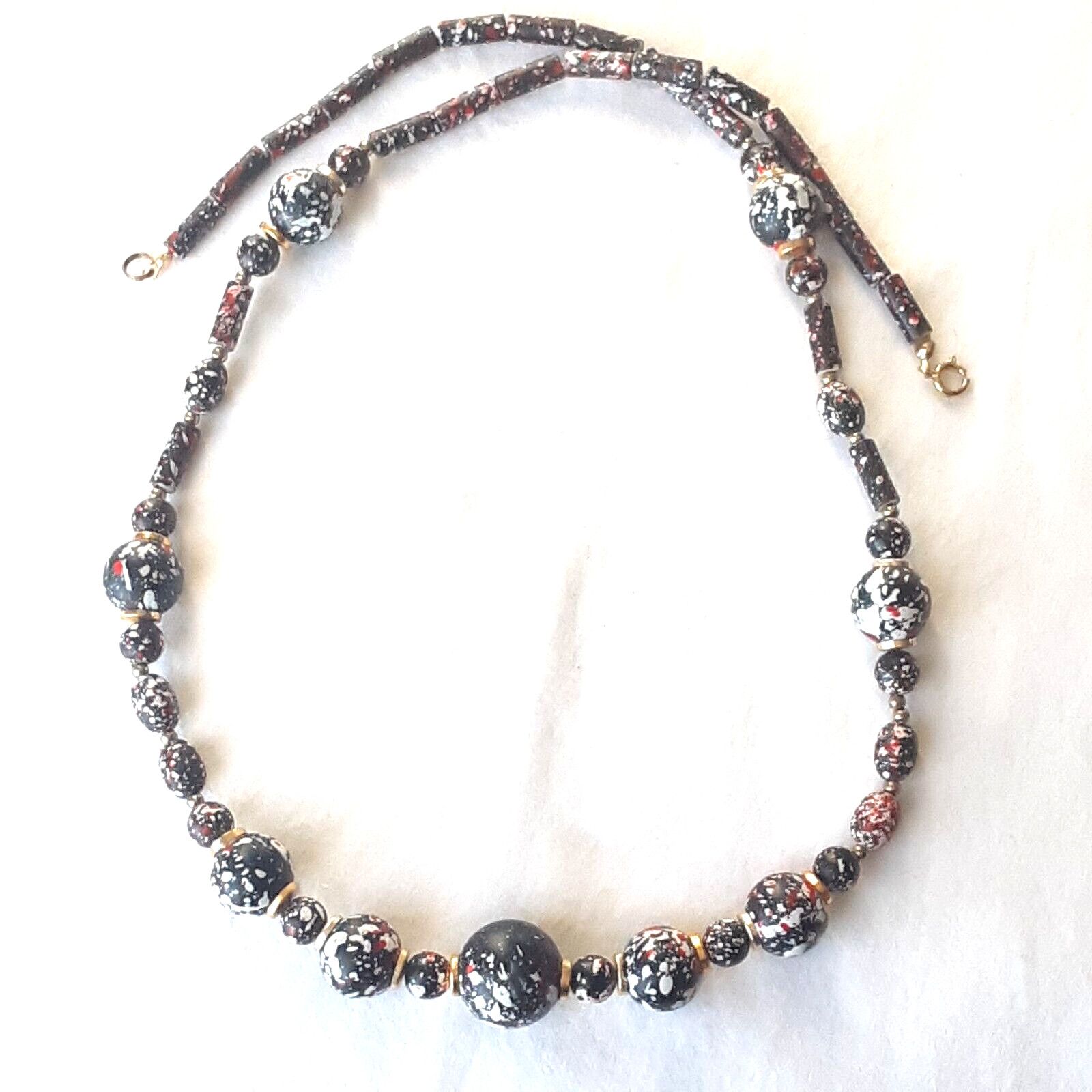 Long Black Multicolor Beaded Necklace White Red Gold Speckled 27″ Long