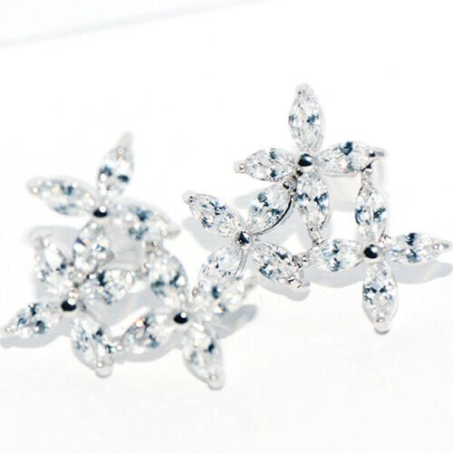 Pretty New Silver Filled Clear White Marquis CZ Triple Flower Stud Earrings