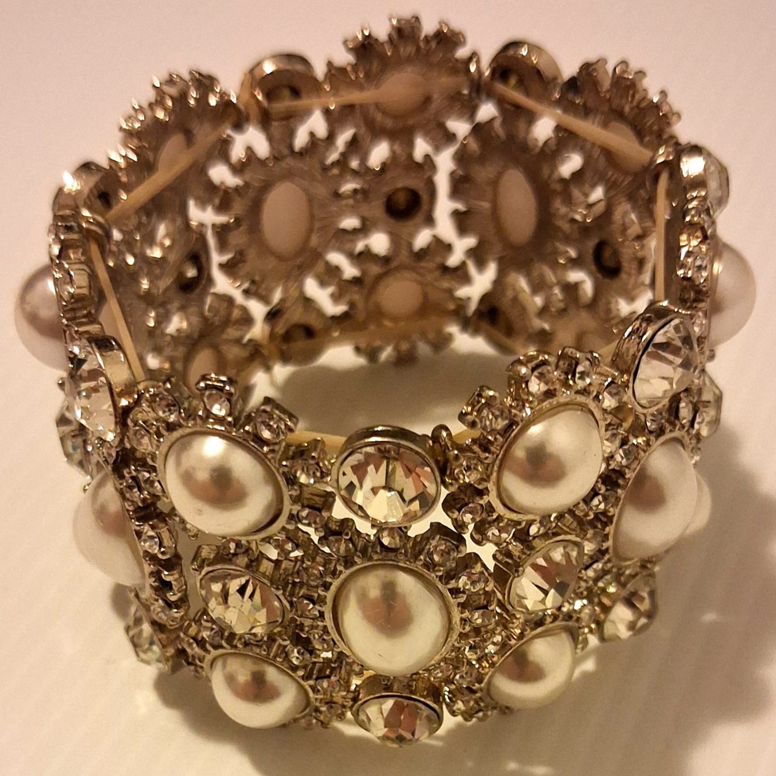 Gold Tone Faux Pearl Rhinestone Stretch Cuff Bracelet Wide Statement Wedding