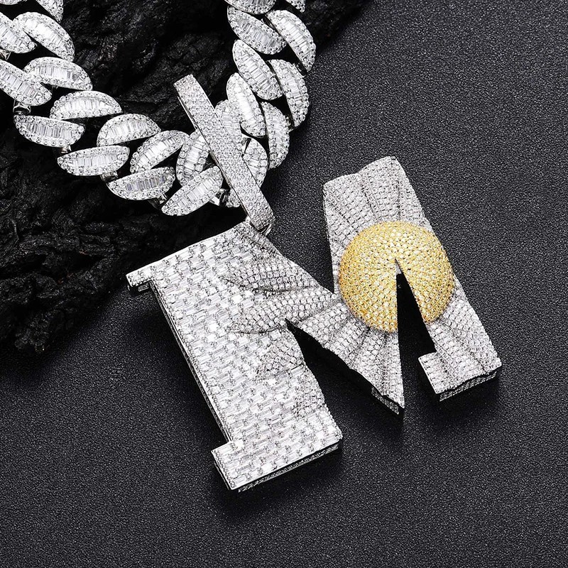 Hip Hop Bling Iced Big Daisy Flower Letter M CZ Pendant Necklace Fashion Jewelry