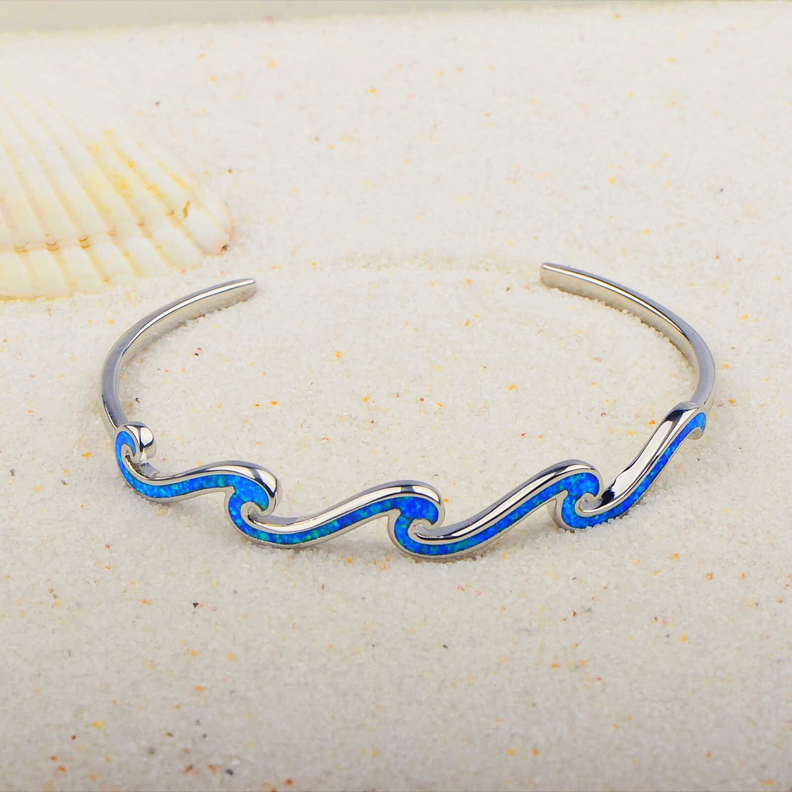 Blue Opal MultilayWaves Cuff Bangles 925 Sterling Sliver Jewelry For Women Girls