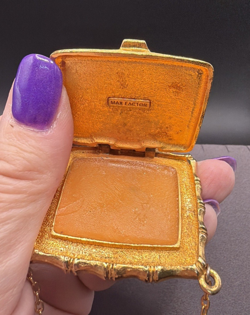 VTG Max Factor Elegant Gold Tone Ceramic Solid Perfume Container Floral Pendant