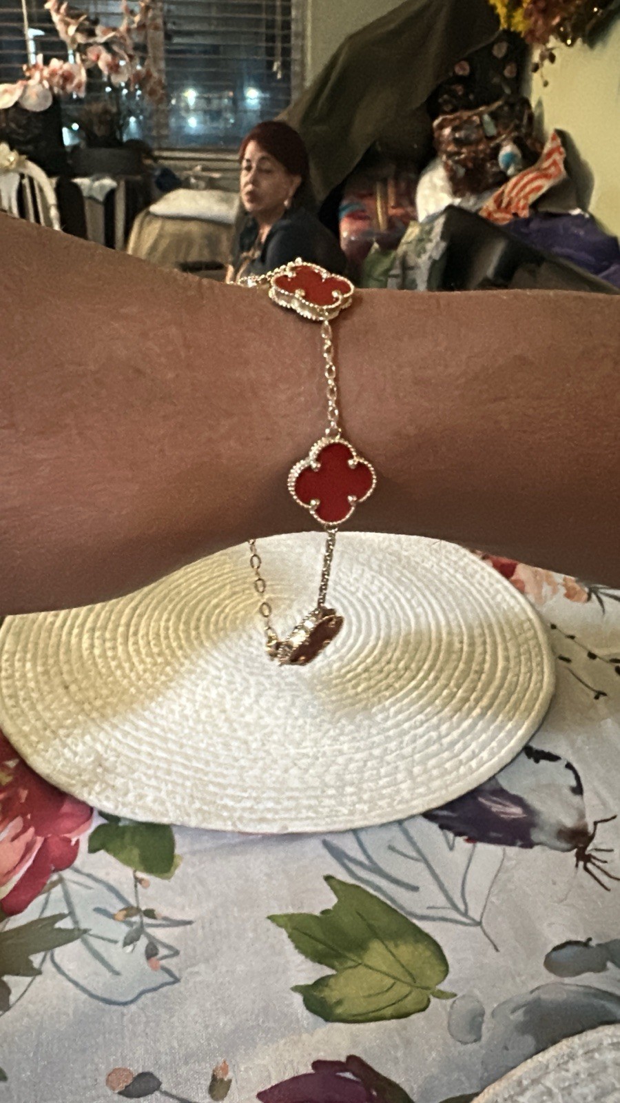 14 kt Gold Tone Red Enamel Clover Dangle Charm Cable Chain Bracelet Luck Theme