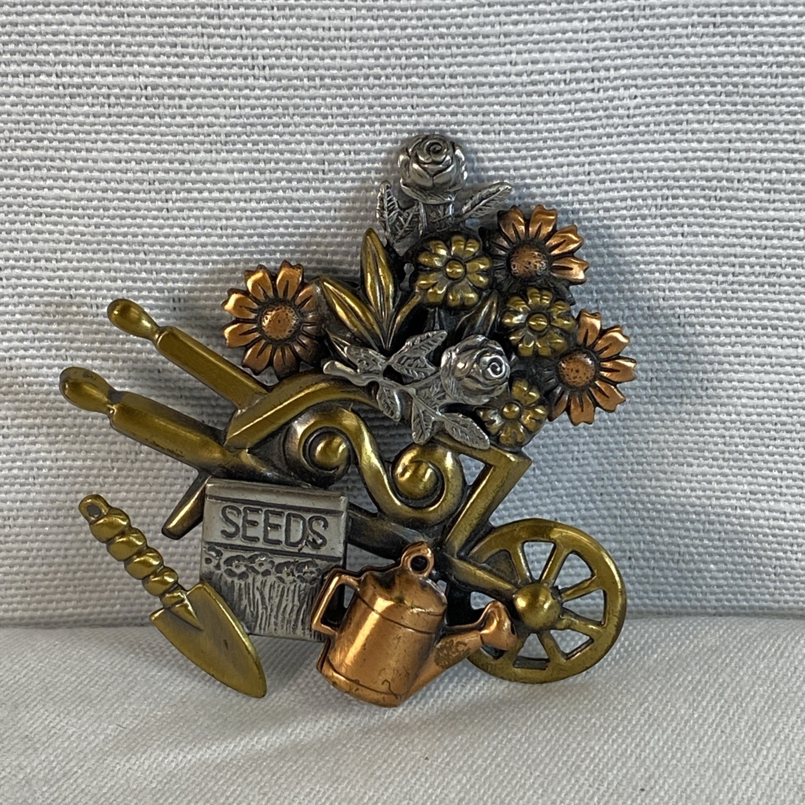 Brooch Pin K&T Flower Gardening Wheel Barrel Watering Can Spade Seeds Flowers