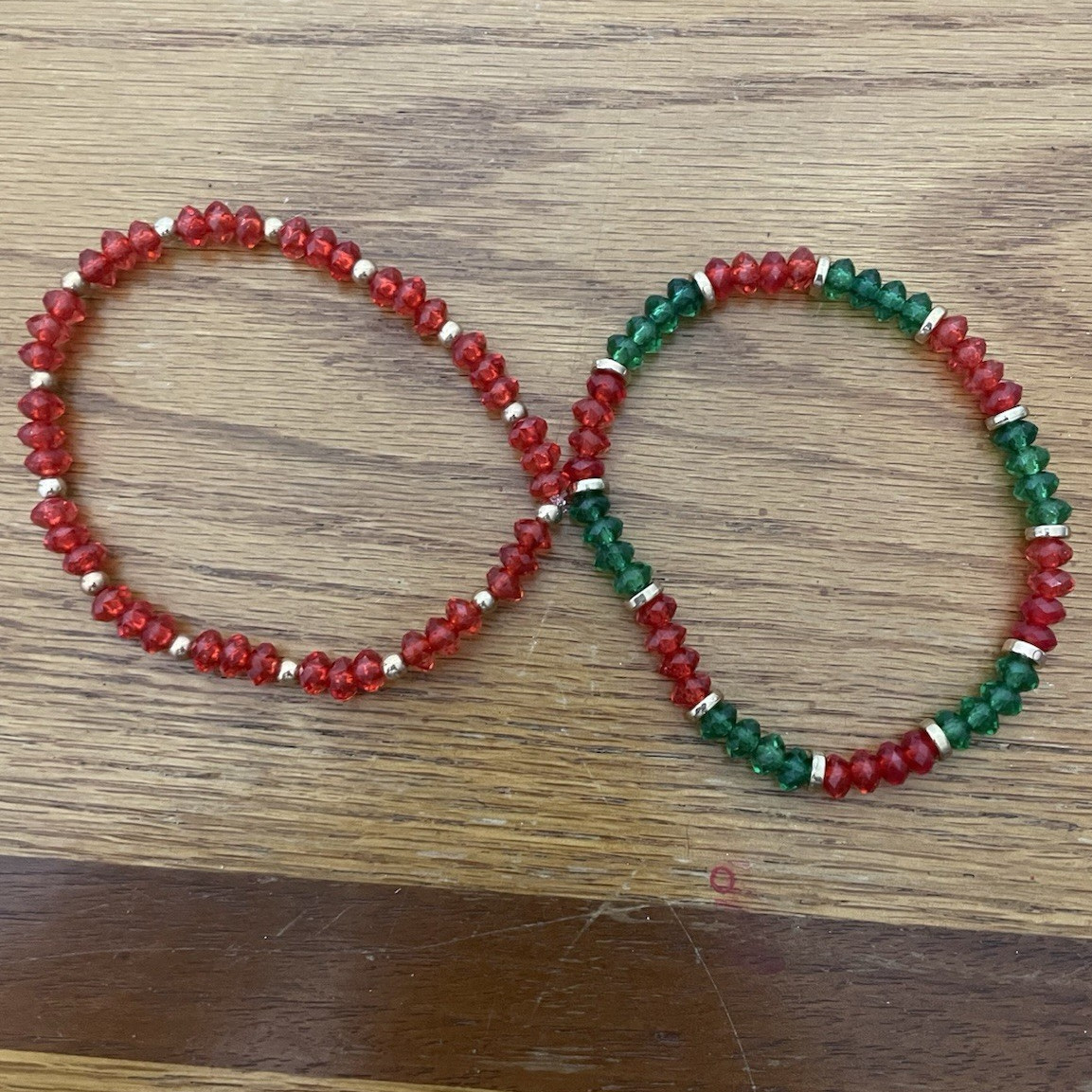 Handmade Red & Green Round Beaded Stretch Stackable Bracelets Lot of 2, Beads