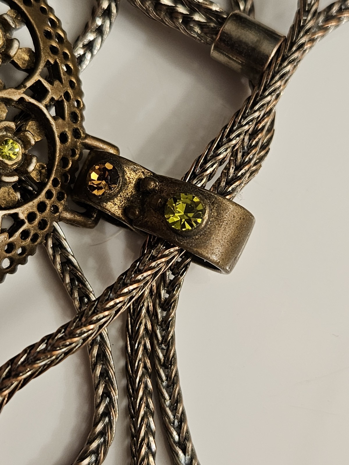 Premier Designs green crystal pendant necklace copper gold tone.