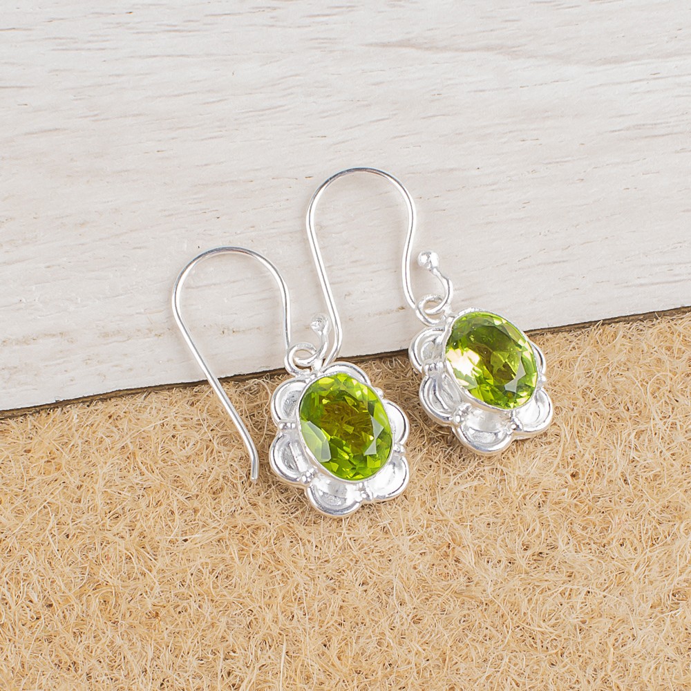 925 Silver Oval Peridot Gemstone Bezel Sister August Handmade Birthday Earrings