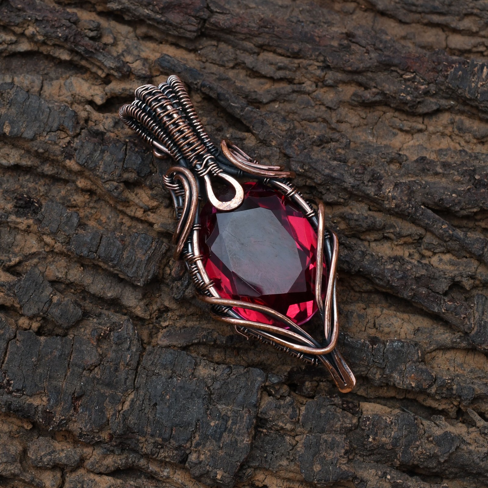 Garnet Pendant Copper Wire Wrapped Handmade Jewelry Pendant 2.15″