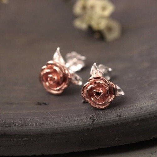Minimalist Stud Rose Flower Christmas Gift Earring for Girl 14K Rose Gold Plated