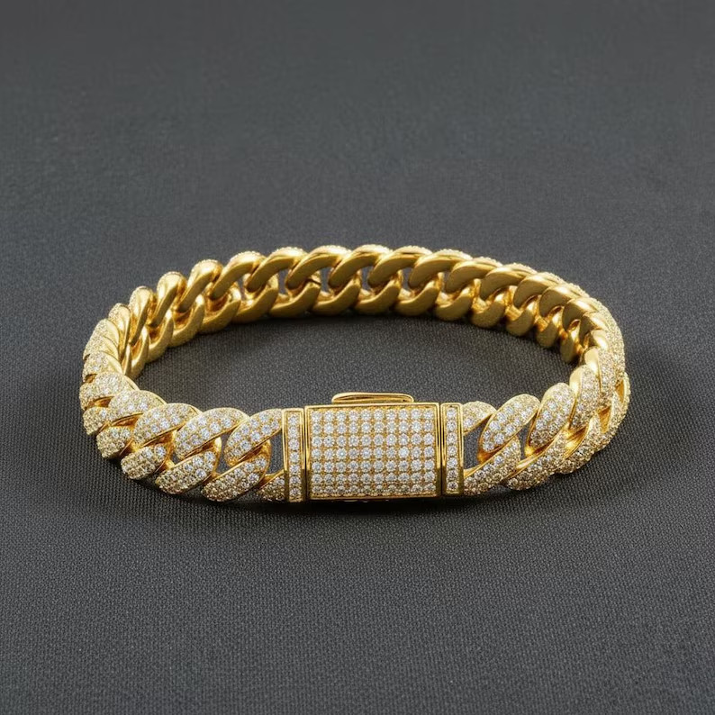 5Ct Round Cut Simulated Diamond Men’s Cuban Link Bracelet 14K Yellow Gold Plated