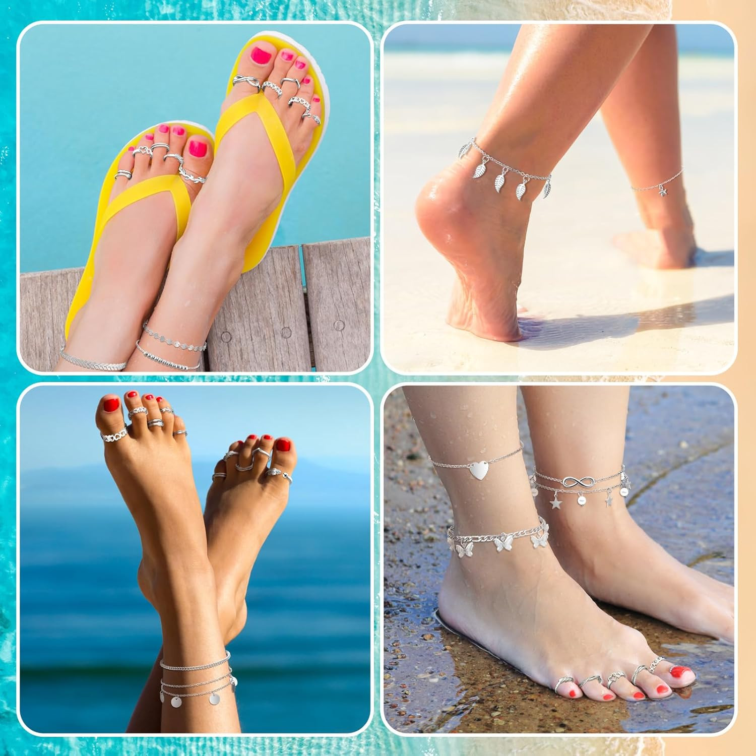 24 Pcs Anklet and Toe Ring Set for Women Girl Silver Gold Layered An…