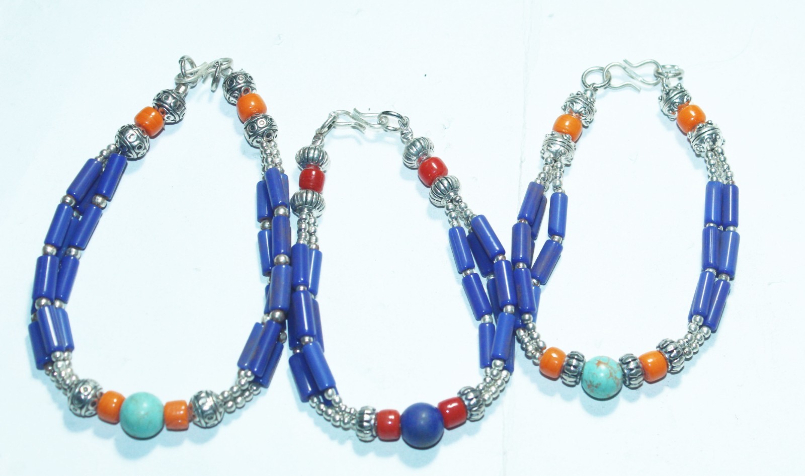 Tibetan Turquoise Amber Coral Lapis Gemstone Handmade Nepali Bracelet Size 7.8In