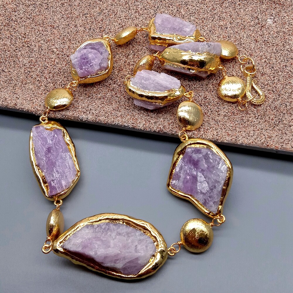 20″ Natural Pink Kunzite Rough Raw Gold Plated Edge Brushed Bead Necklace