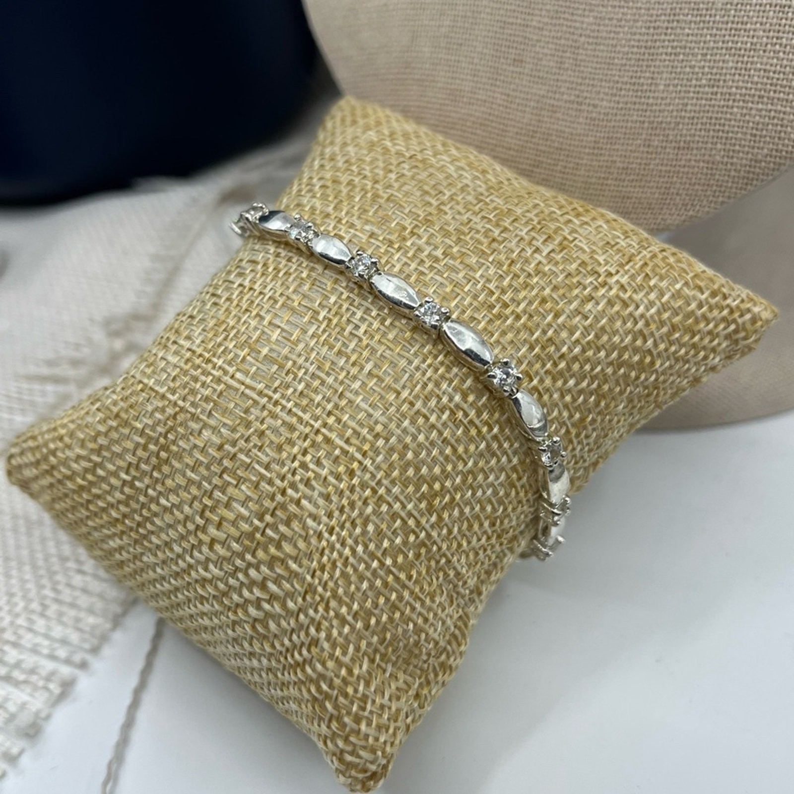 Vintage 7″ Sterling Silver Marquise & Round CZ Bracelet