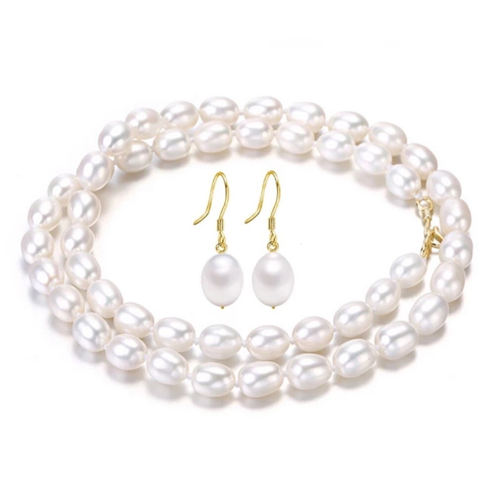 6-7mm Hand Strung Natural Rice Pearl Necklace Earring Set D7