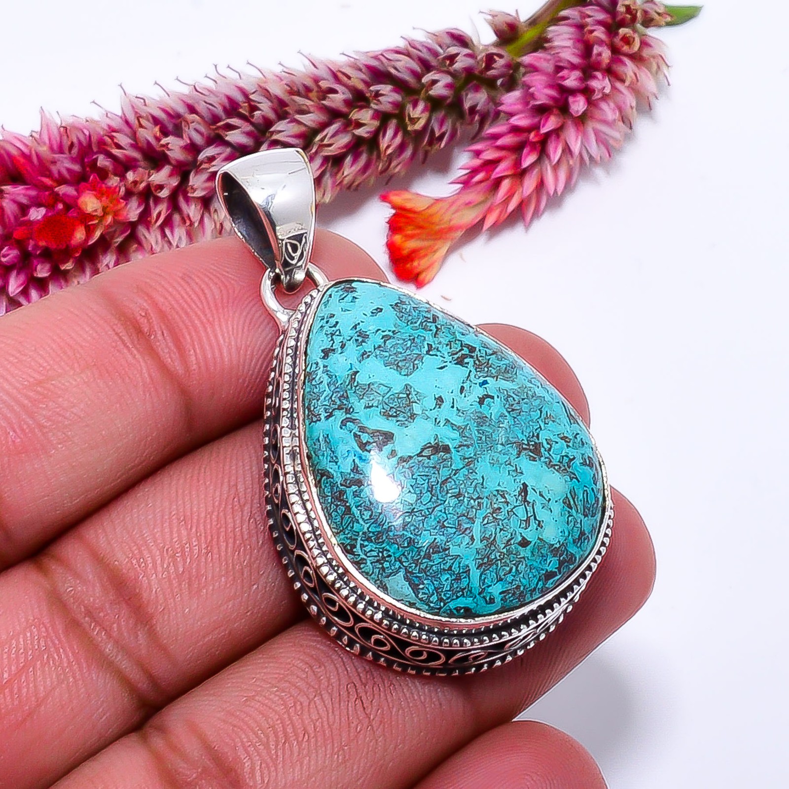 Chrysocolla – Madagascar Fine Art 925 Sterling Silver Pendant 1.79″ P10364114364