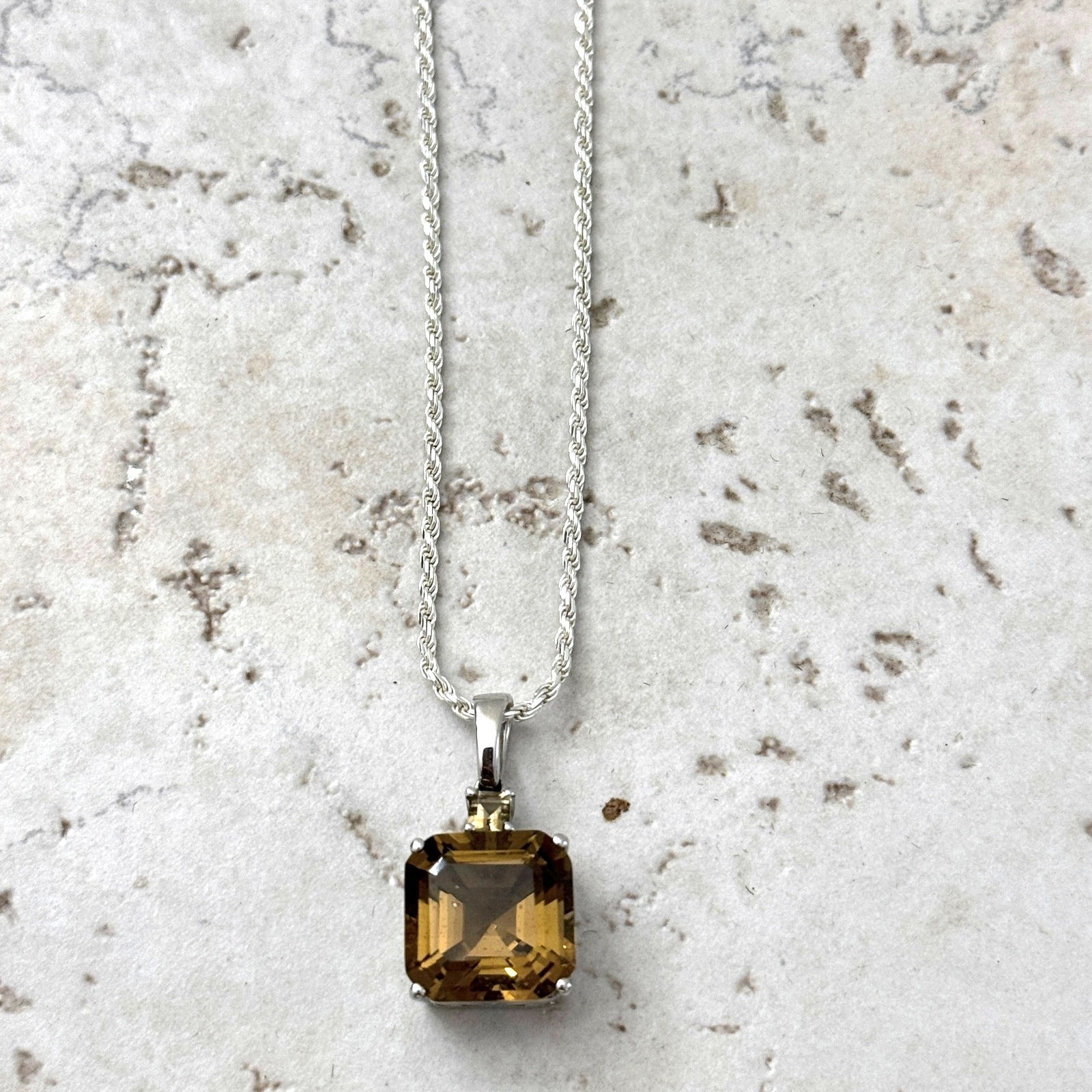 Champagne Quartz 6.71 ctw Square Pendant w/1.4mm Sterling Silver Rope Chain .925