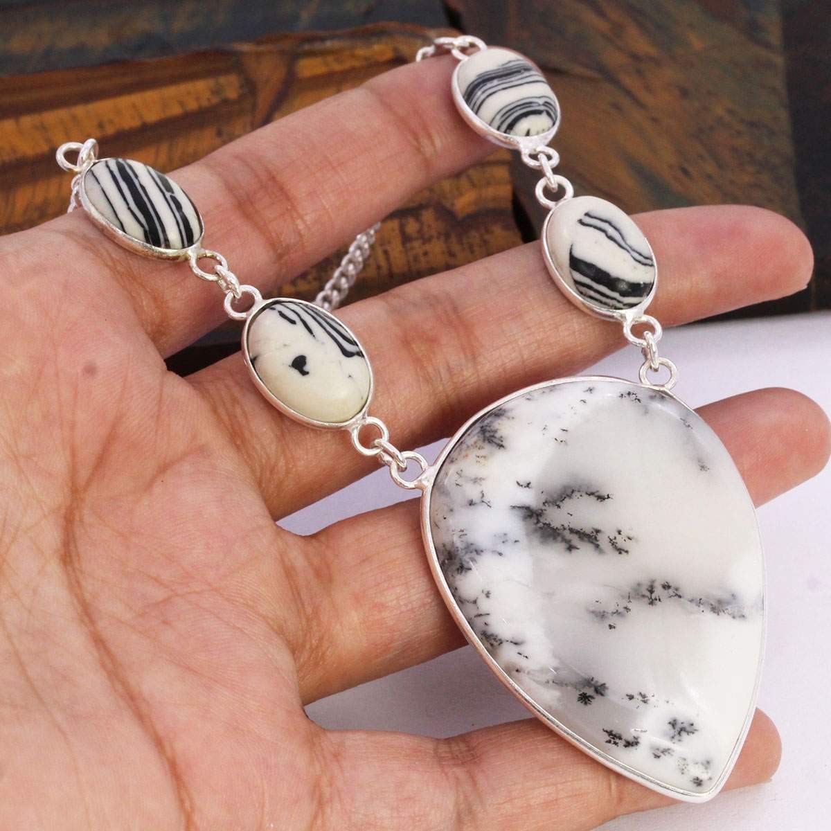 Dendrite Opal 925 Silver Plated Handmade Necklace of 18″